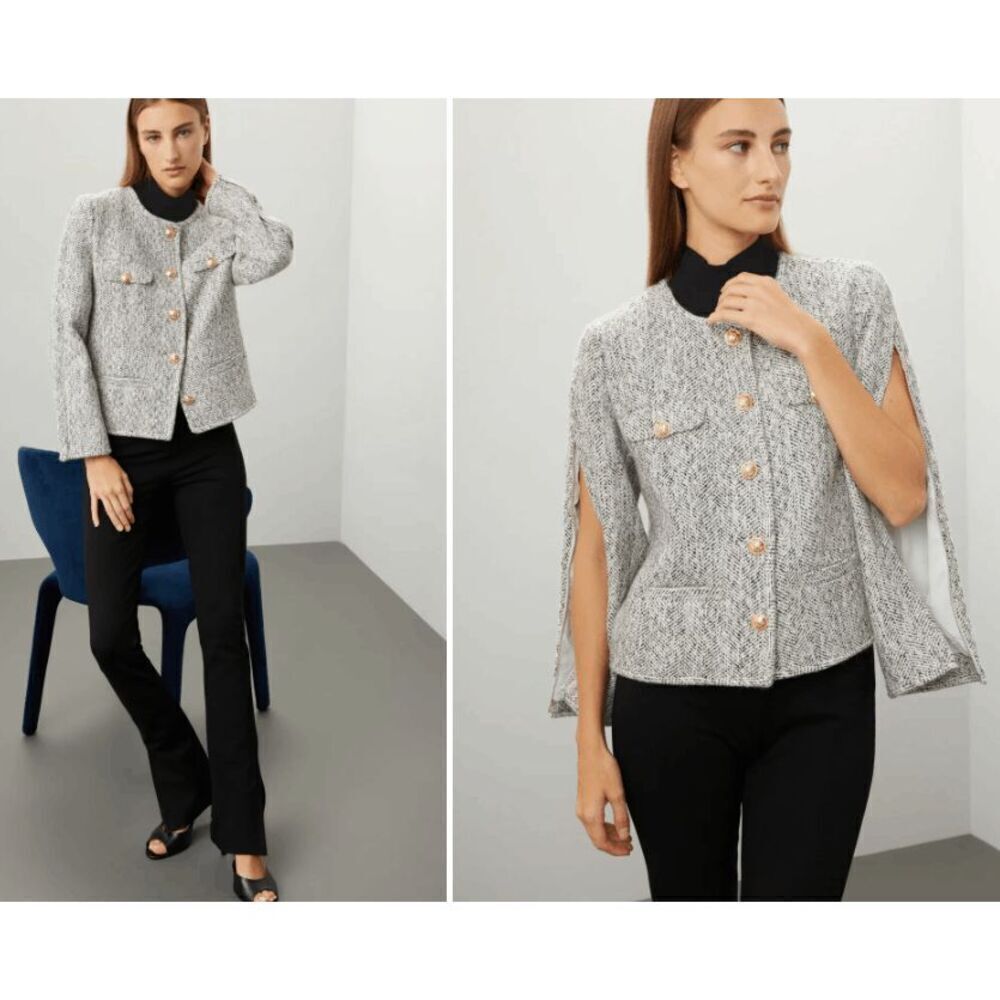 Derek Lam Gray Tweed Jacket / Cape / Blazer Gold Buttons Lined Size 14 (50)‎